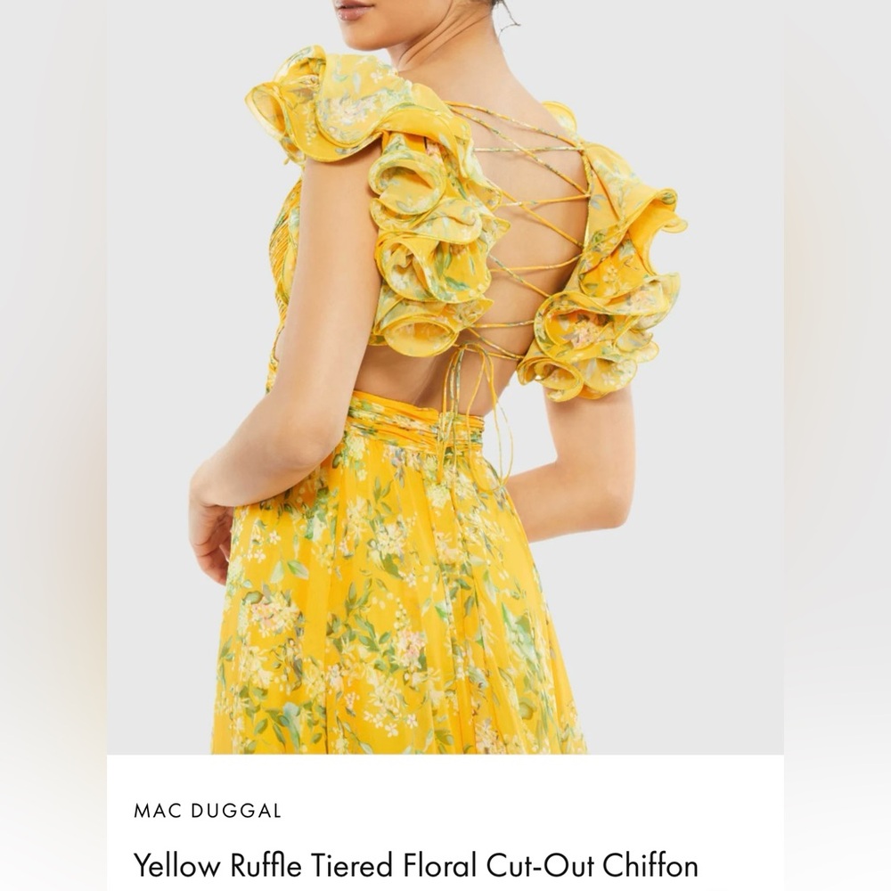MAC DUGGAL
Yellow Ruffle Tiered Floral Cut-Out Chiffon
Gown
